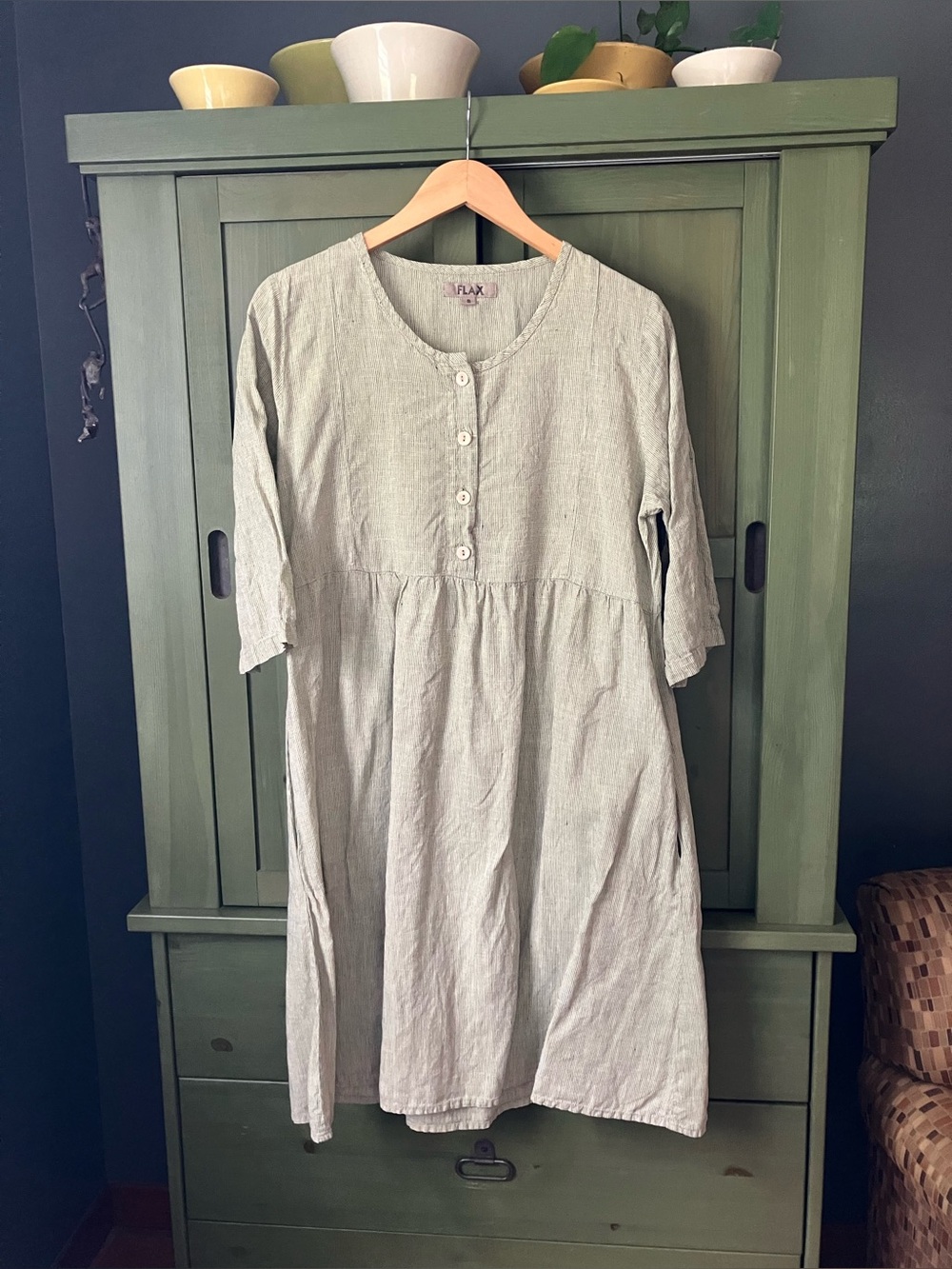 Flax Relaxed Linen Button-Front Tunic Dress  Green Check Pockets